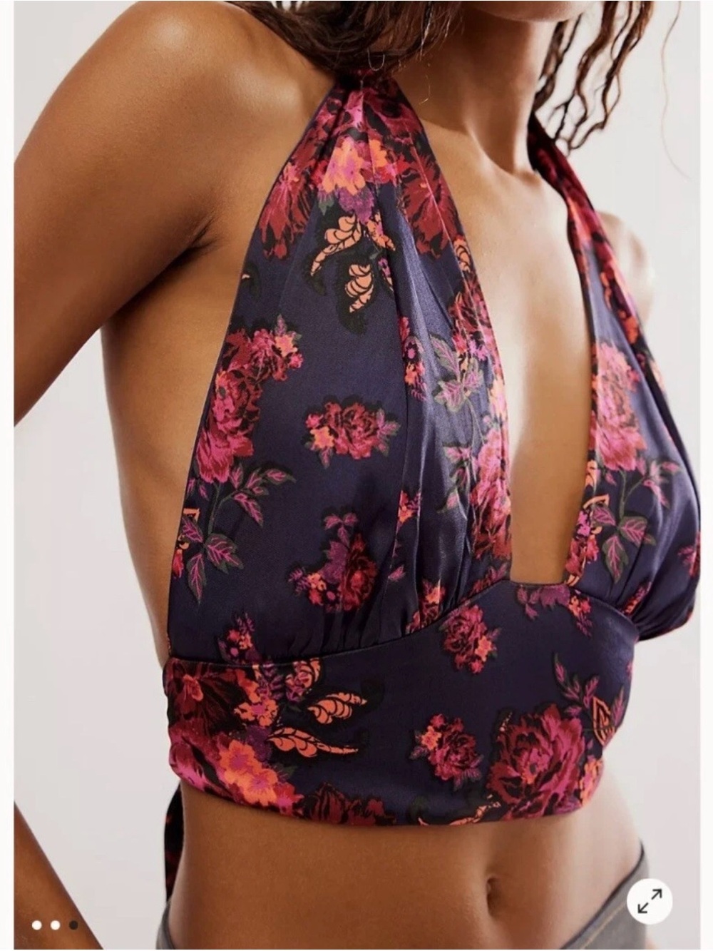 Free People Summer In Sicily Floral Halter Top in Navy and Pink